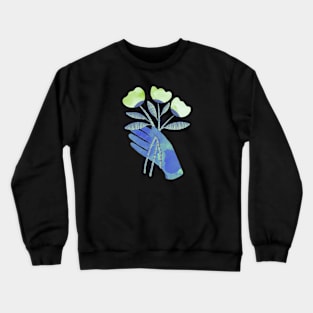 Blue hand with green flowers for you on black background Crewneck Sweatshirt